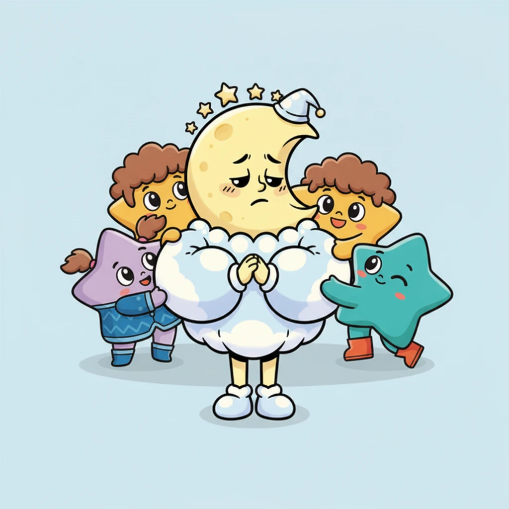 The stars gathered close, their tiny, expressive faces radiating warmth and understanding. "It's perfectly alright to be shy, Luna," they whispered in unison, their voices like soft bells. They gently nudged the cloud, inviting her out.