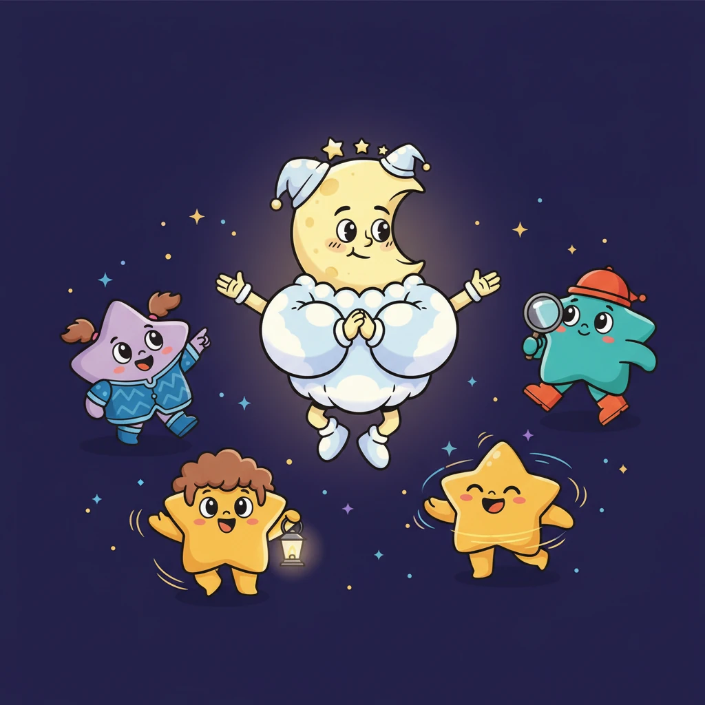 Finally, Luna shone with a gentle, comforting light in the heart of the night sky, no longer hiding. Her star friends twinkled and danced around her, celebrating her return with joyful bursts of light. The whole sky shimmered with their beautiful friendship and Luna's quiet, newfound confidence.