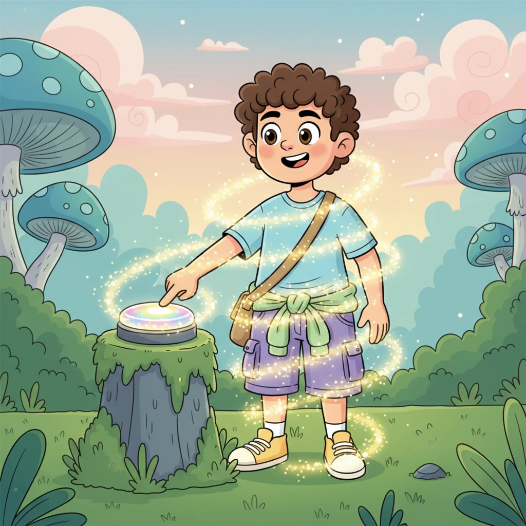 With a brave smile, Alex pressed the shimmering button. A warm, fizzy sensation began to spread from their fingertips, tingling through their entire body. Their clothes started to shimmer and shift, feeling strangely elastic as a soft glow enveloped them.