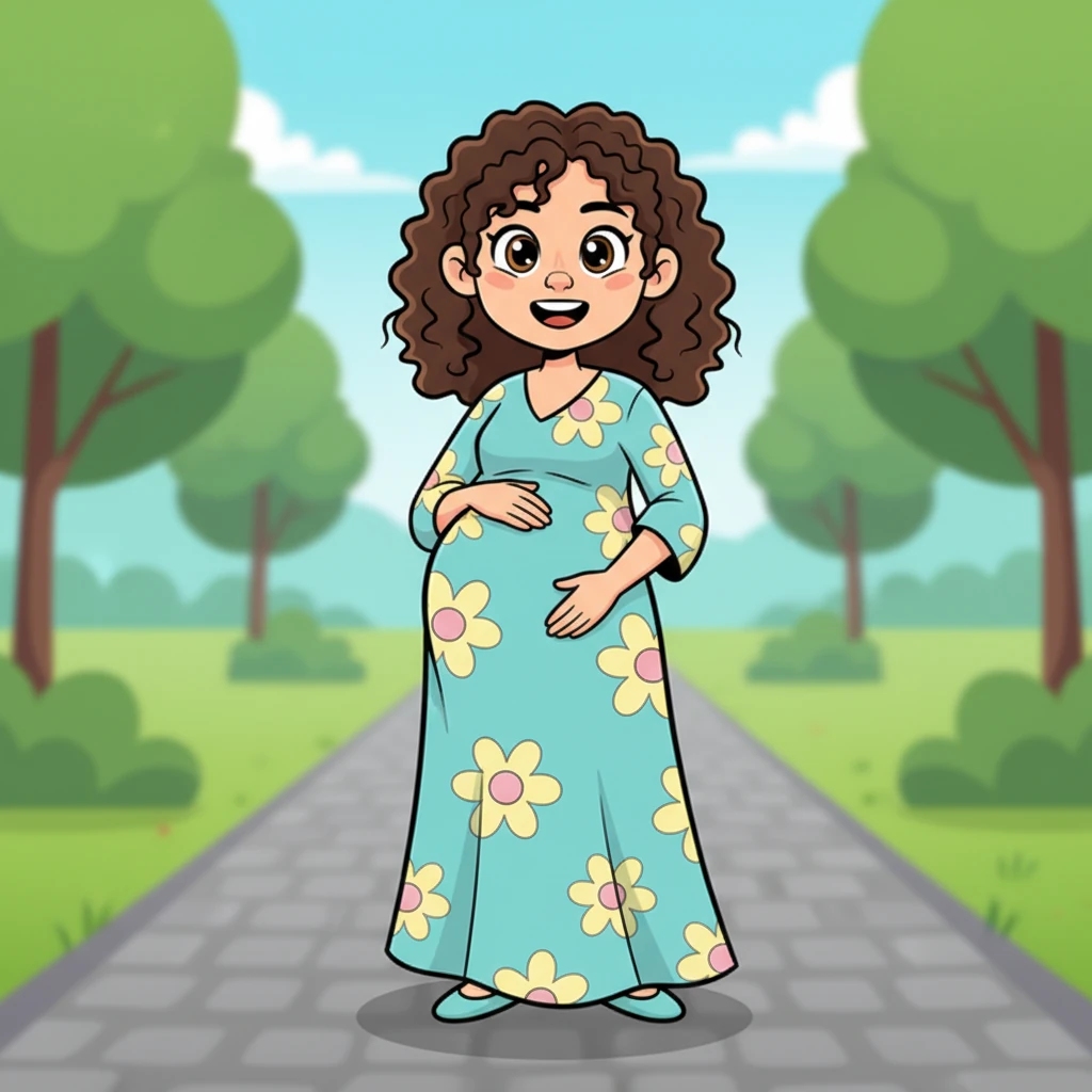 In a blink, Alex stood transformed! They were now a cheerful woman with a wonderfully round belly, dressed in a flowing, comfortable dress that perfectly accommodated her new form. Her hair was styled in bouncy curls, and a radiant smile lit up her expressive face, reflecting utter surprise and a touch of delight.