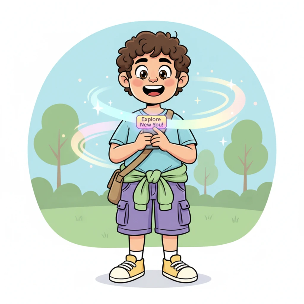 After a moment, the magical glow faded, and Alex was back to their original self, but with a lingering sense of wonder. 'That was incredible!' they exclaimed, looking at the app again. Curiosity bubbling, Alex decided to tap the 'Explore New You!' button once more.