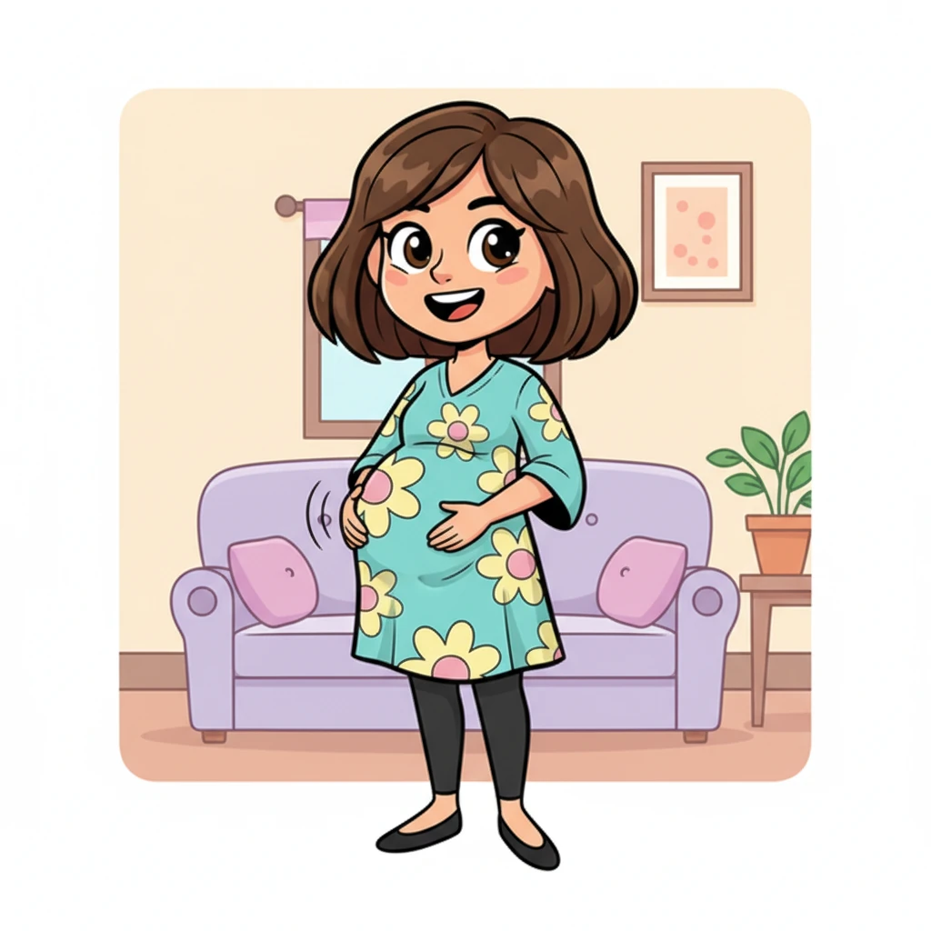 This time, Alex became a different woman, with a stylish bob haircut and an even rounder, more pronounced baby bump, wearing a fashionable tunic and leggings. She had a mischievous sparkle in her eyes, feeling a joyful kick from within, a new and exciting experience.