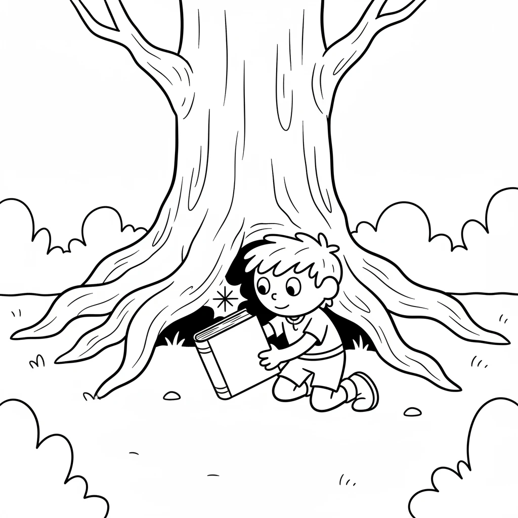 Willo the Wanderer discovered a plain, blank coloring book nestled under the roots of a grand, old tree. It looked like any other book, but a tiny shimmer caught Willo's eye. Willo carefully picked it up, feeling a gentle warmth from its smooth cover. What wonders could be hidden inside its empty pages?