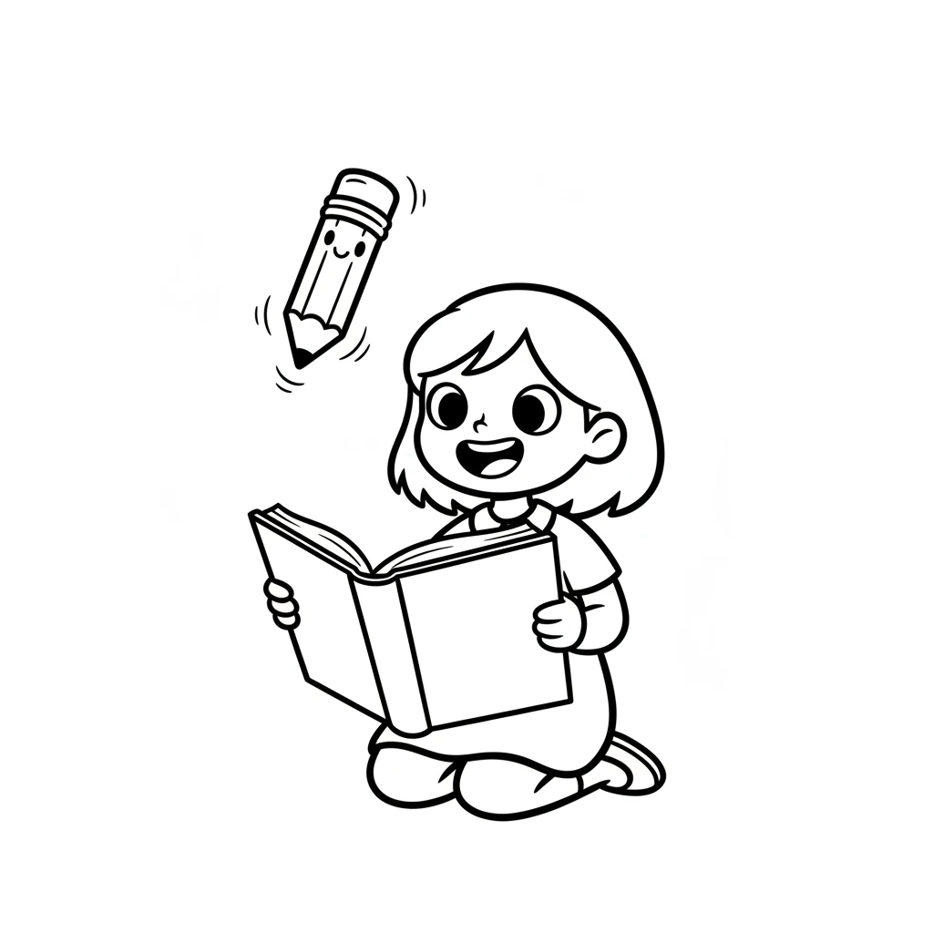 With a curious heart, Willo opened the book to its very first page. To Willo's surprise, a friendly, smiling pencil floated right up from the fresh, white paper! It danced in the air, inviting Willo to begin a grand adventure. Willo giggled, delighted by the magical greeting.