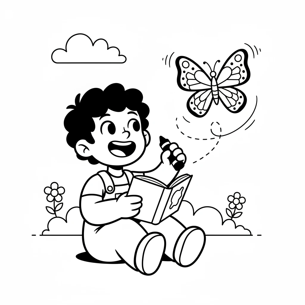 Willo then sketched a bouncy butterfly with big, patterned wings. Before Willo could even finish the second wing, the butterfly lifted right off the page! It fluttered in the air for a moment, then circled Willo's head before playfully landing back on the drawing. This was truly a lively book!