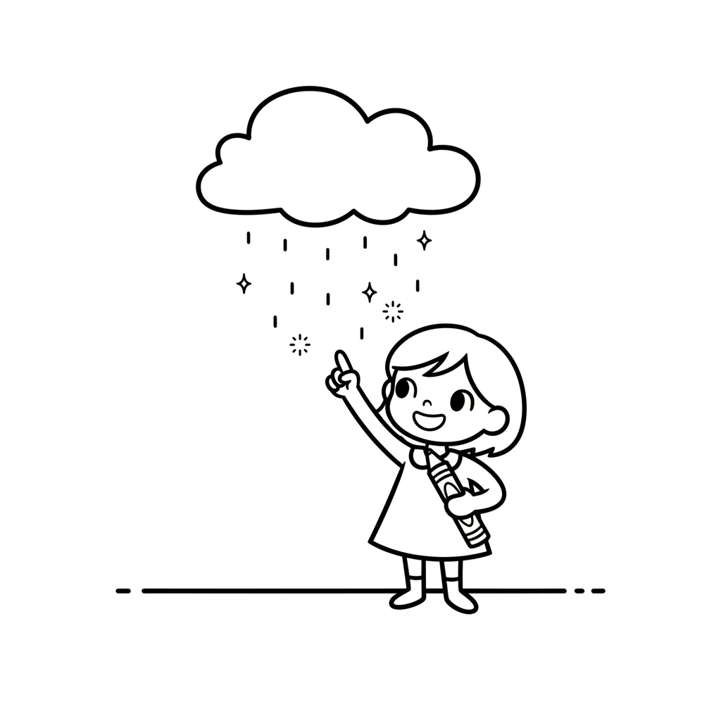Feeling inspired, Willo drew a fluffy cloud high in the sky of the page. Soon, tiny, happy rain-dots began to fall from the cloud, making soft pitter-patter sounds on the paper. The playful drops sparkled, making the page feel fresh and alive. It was a gentle, happy rain.