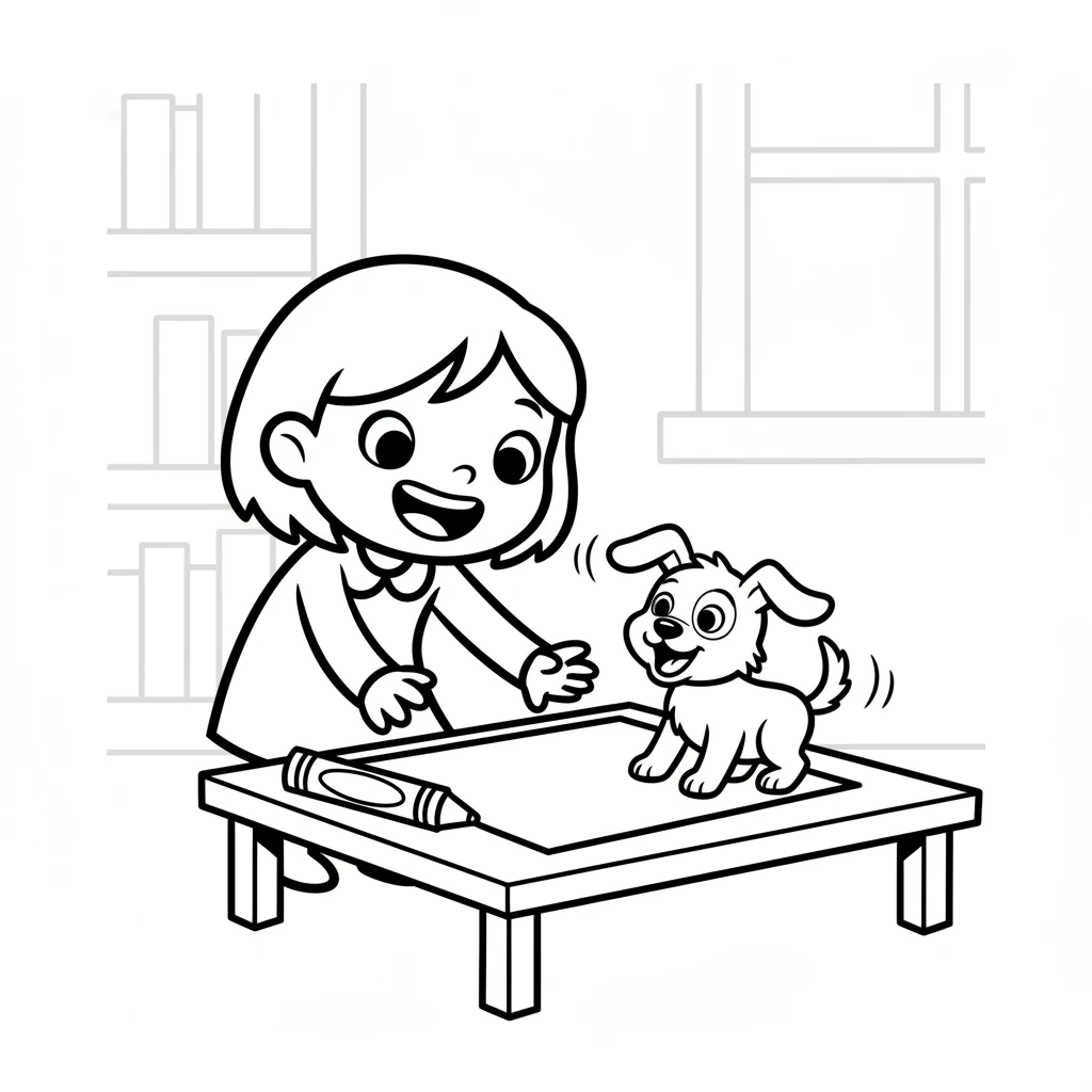 A playful puppy with floppy ears and a wagging tail was Willo's next creation. The moment the tail was drawn, it began to wiggle right there on the page! Willo laughed, imagining the puppy's happy barks. The little dog looked eager to play and explore.