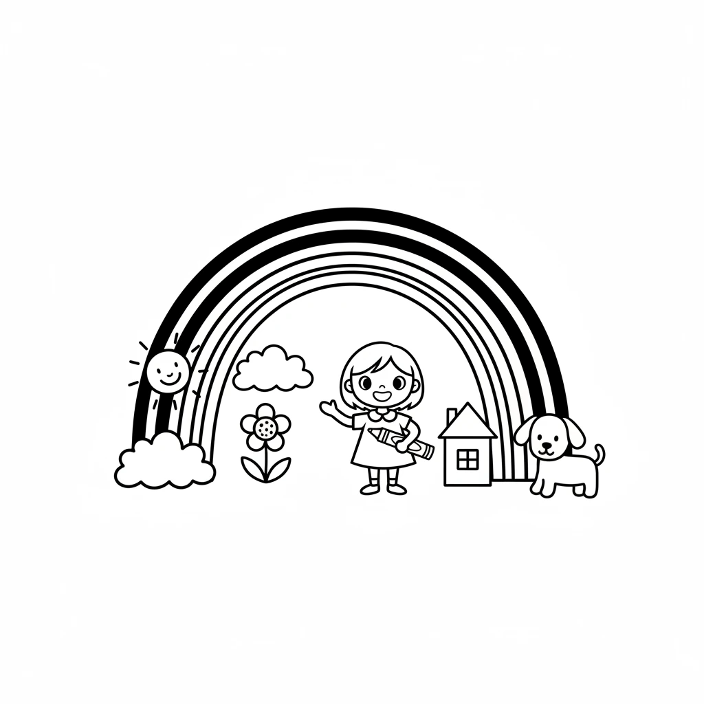 To complete the magical scene, Willo drew a magnificent rainbow arching high over all the drawings. Its simple, curved lines connected the sun, flower, cloud, house, and puppy in a beautiful, colorful embrace. The entire page felt vibrant and full of joy. It was a masterpiece of simple lines.
