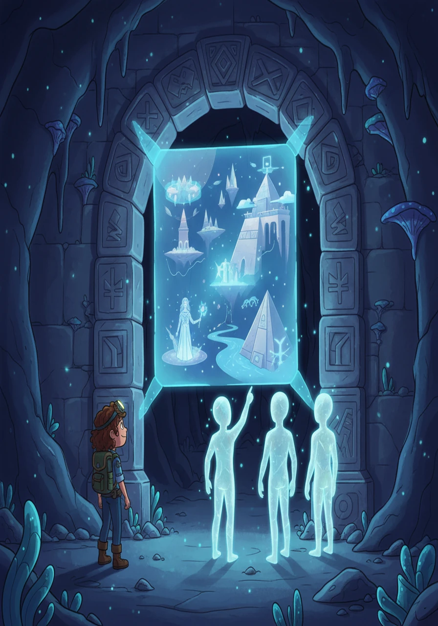 Stella and the Luminians stand before an ancient structure within the tunnels, a holographic display showing images of the long-lost civilization.