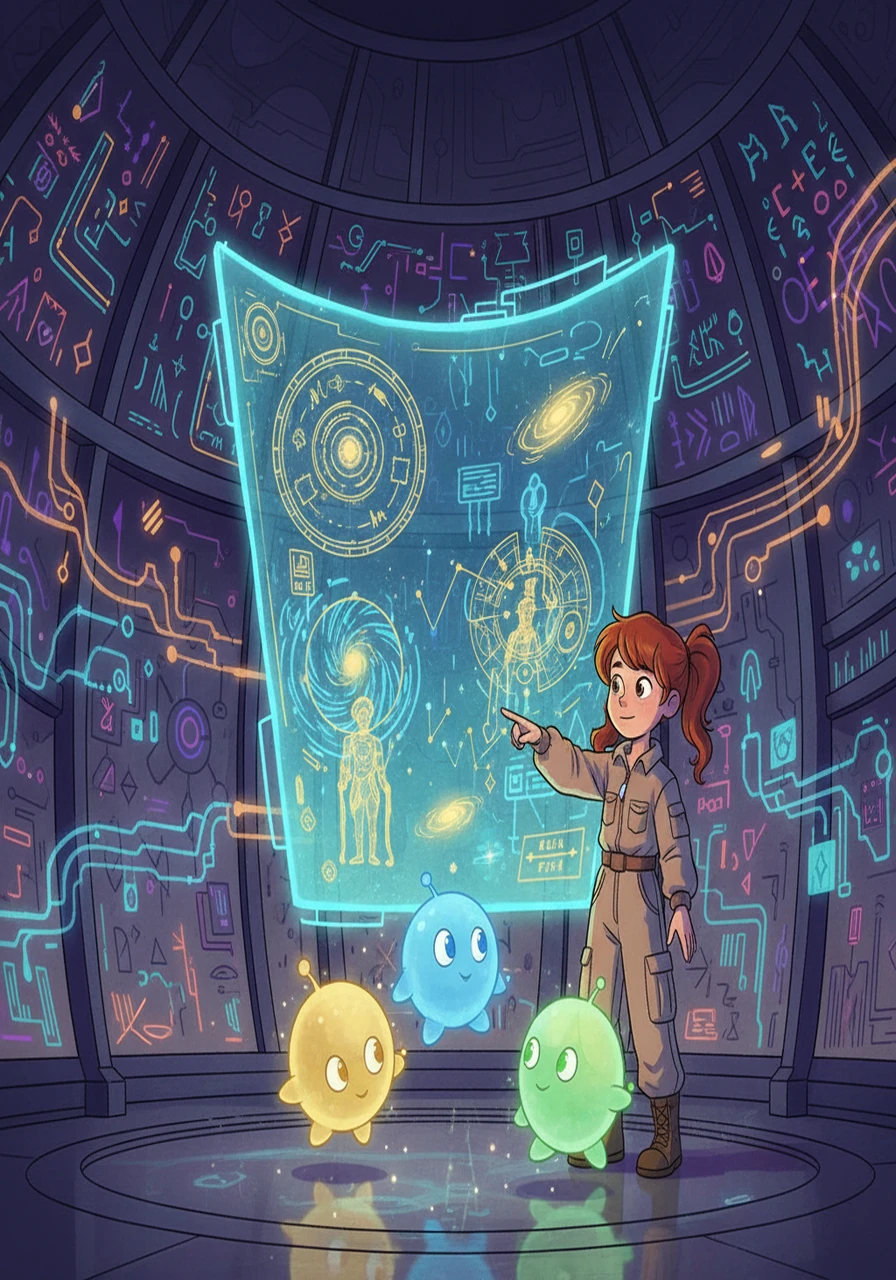 The scene shows Stella and the Luminians studying the holographic records, with the walls lined with glowing glyphs and data streams.