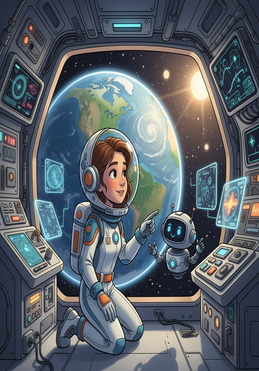 A vibrant painting shows Stella in her spacesuit, gazing out a large window at Earth. The ship's interior is filled with advanced technology.