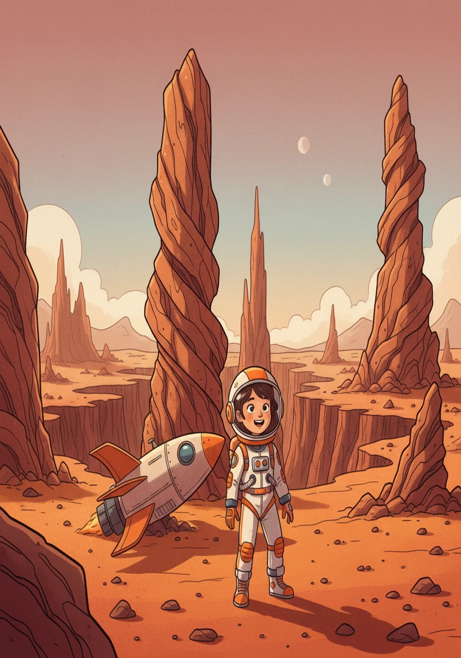 Reaching Mars, Stella landed in a vast, ochre landscape. Towering rock formations and sprawling canyons stretched as far as the eye could see. The planet felt both desolate and full of possibilities, waiting to be explored.