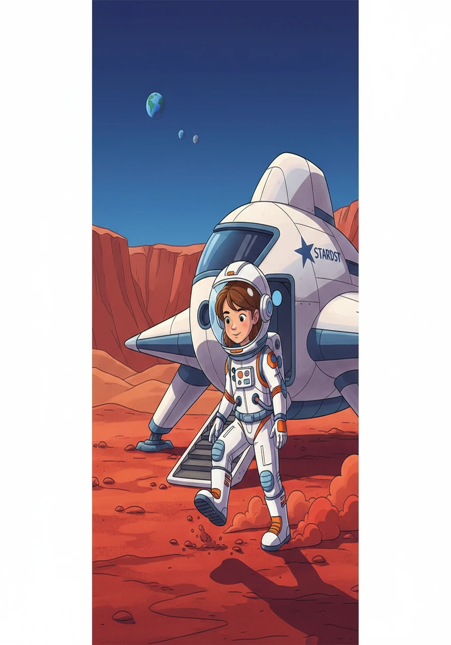The illustration depicts Stella stepping out of her spacecraft onto the red soil of Mars, with the Stardust in the background and the Martian landscape stretching out.