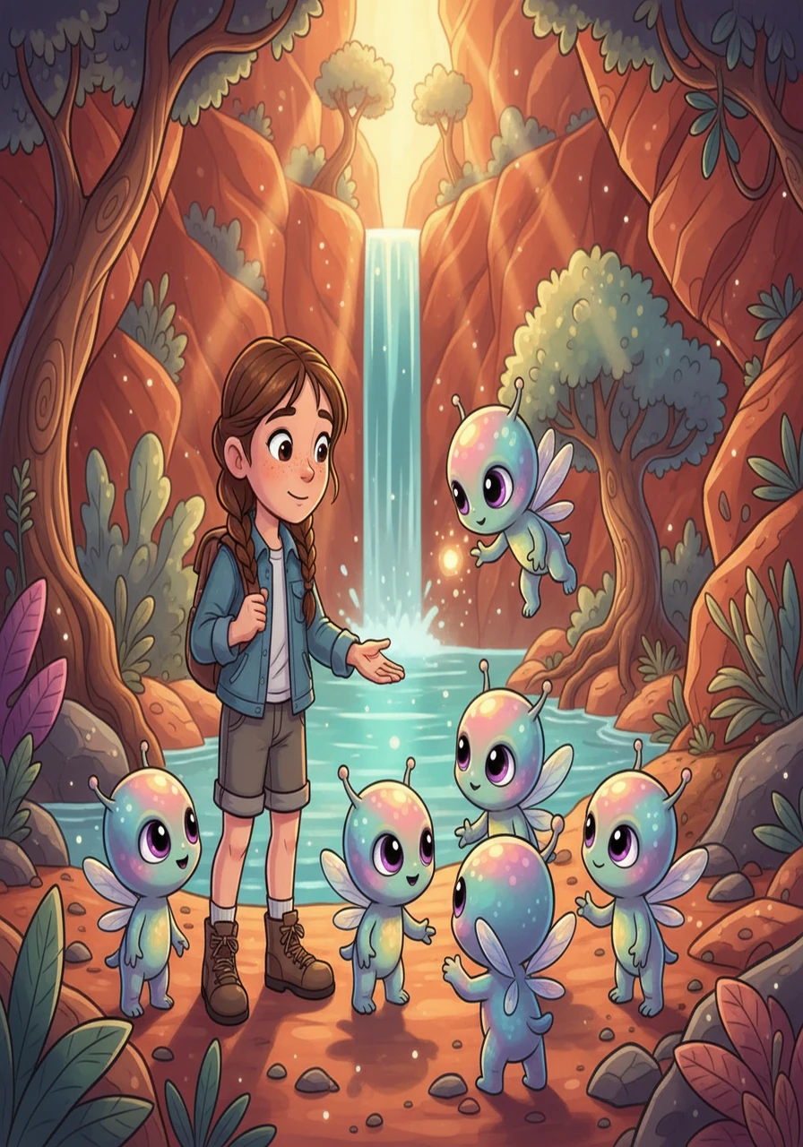 Venturing into a hidden canyon, Stella stumbled upon a group of curious, friendly alien creatures. They were small, with iridescent skin and large, expressive eyes. They seemed just as intrigued by her as she was by them.