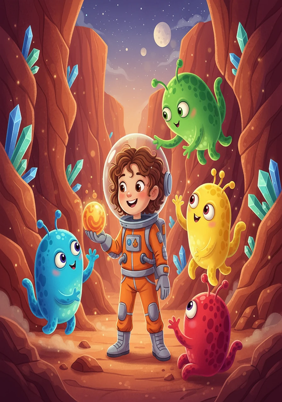 A depiction of Stella encountering the alien creatures in a Martian canyon. The aliens are colorful and welcoming, surrounding Stella with curiosity.