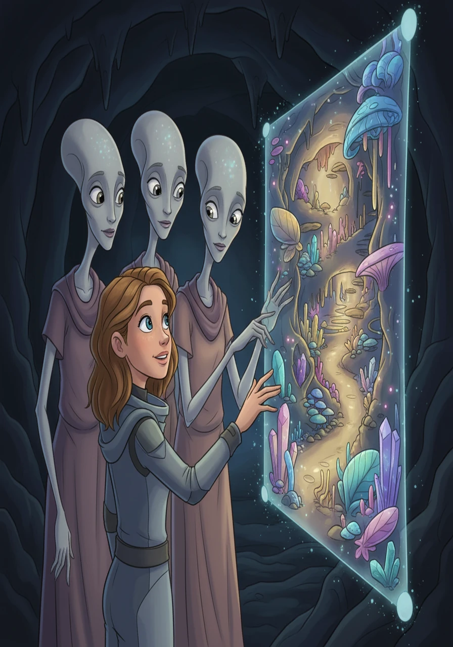 The aliens, who called themselves the 'Luminians', communicated through gestures and images. They showed Stella their home, a network of luminous underground tunnels. This revealed a hidden world filled with bioluminescent plants.