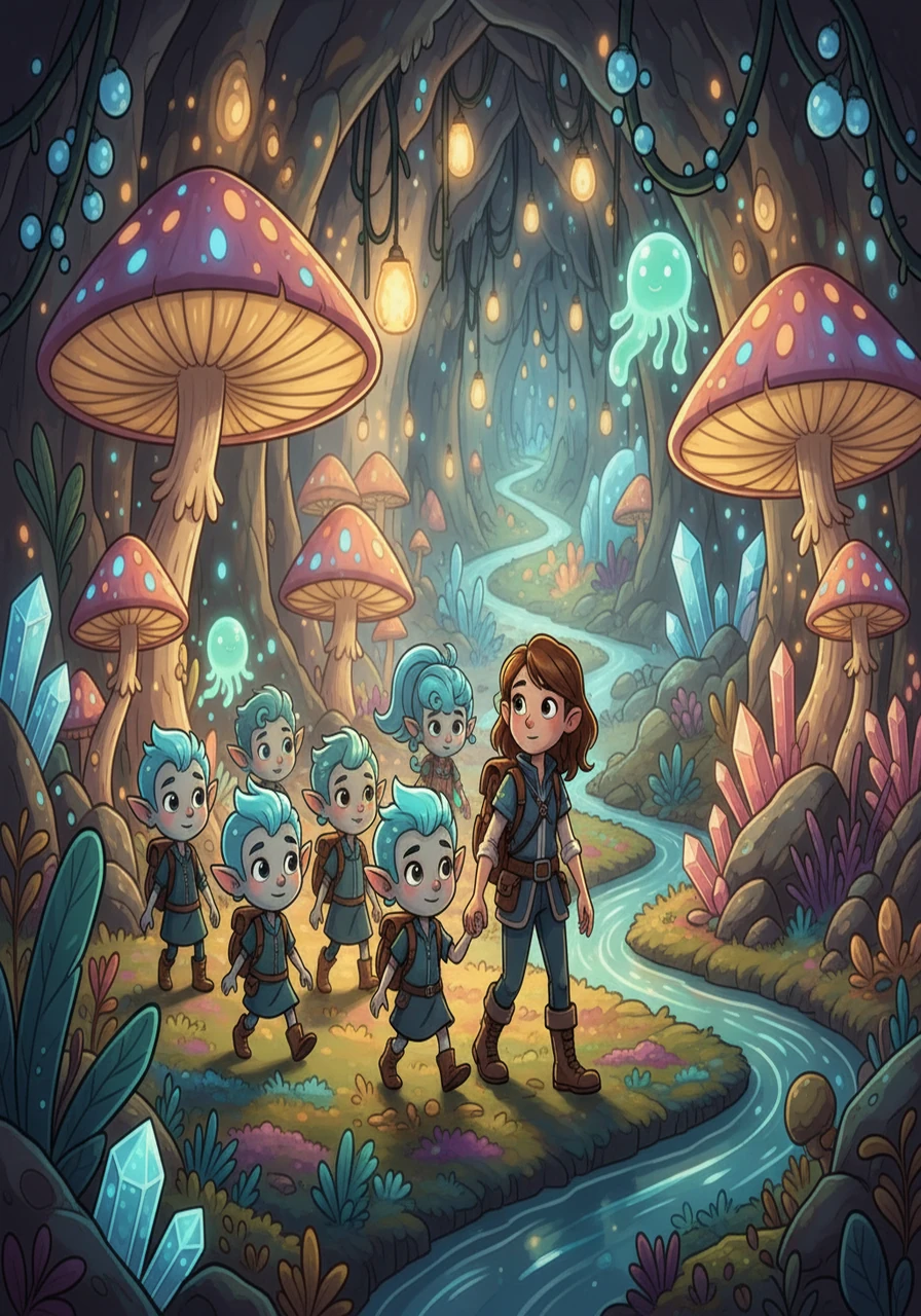 The illustration focuses on the underground tunnels. The Luminians are seen guiding Stella through a glowing, subterranean world filled with fantastical flora and fauna.