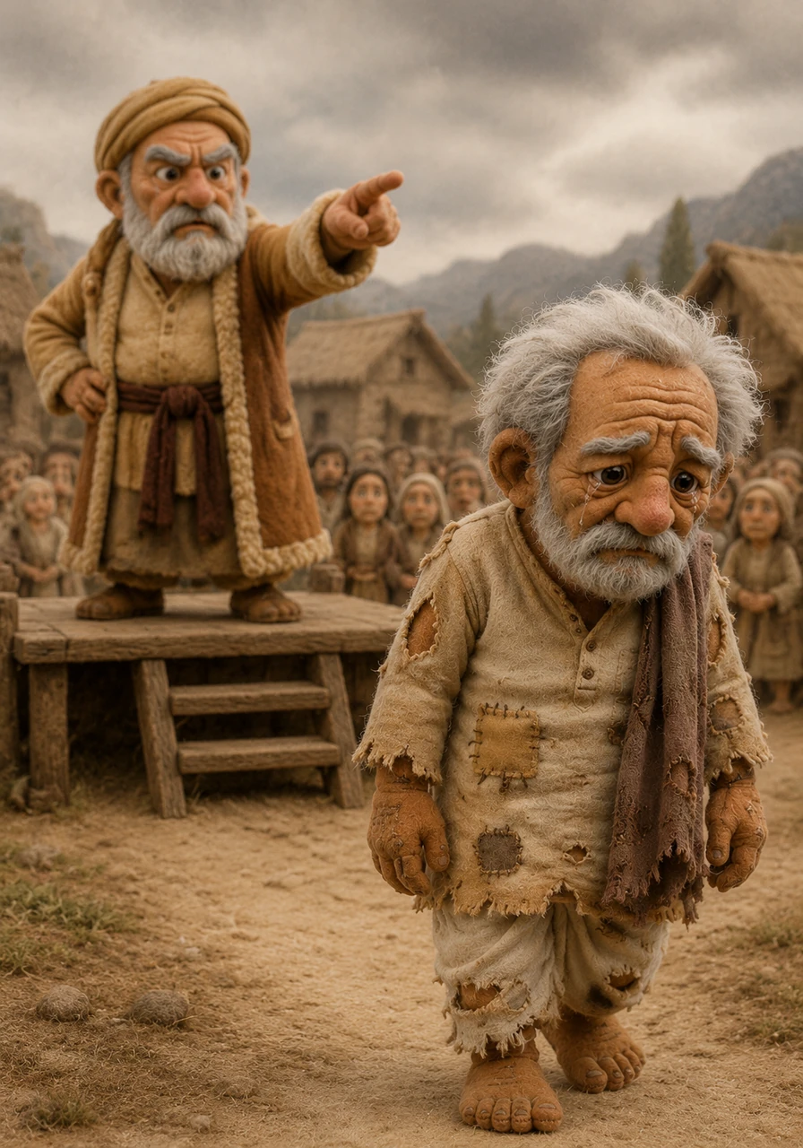The village chief stood on a wooden platform, pointing a stern finger toward the horizon as he banished the old man. With no support left, Grandpa Dada walked away in his tattered clothes, carrying nothing but a heavy heart and tears in his eyes.