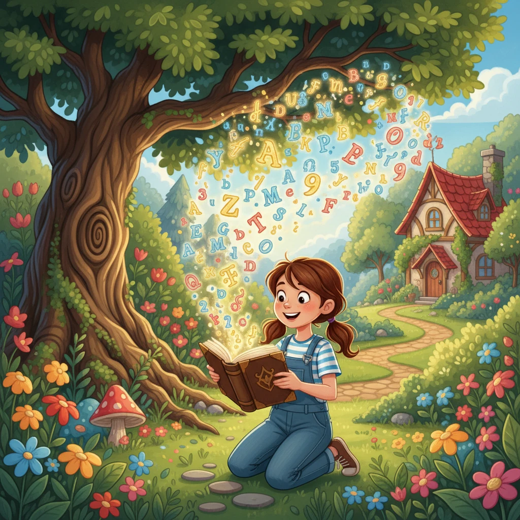 Sofia era uma garota curiosa que adorava explorar. Um dia, enquanto brincava no jardim, encontrou um livro antigo brilhando sob uma árvore. Ao abrir o livro, letras e números saltaram da página, convidando-a para uma aventura.