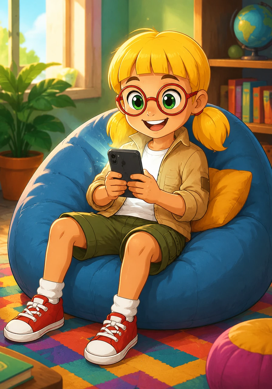 A bright and colorful book cover titled Riko and His Smartphone. A cheerful boy named Riko sits on a cozy beanbag chair, holding a glowing smartphone with a big smile, surrounded by vibrant colors and playful patterns.