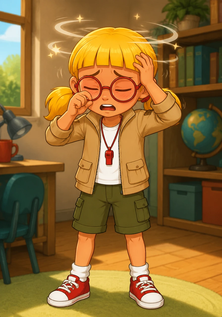 Riko rubs his sore, red eyes and holds his head because it starts to ache. He realizes that his eyes hurt and he feels dizzy, making him feel very different from his usual energetic self.