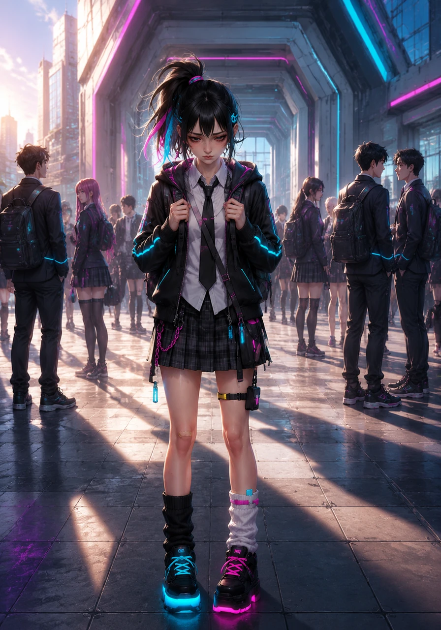 Years later, Shanie stands before the imposing entrance of her new high school, her knuckles white as she grips her backpack straps. The morning sun casts long shadows across the pavement, and the air is filled with the intimidating roar of teenage voices.
