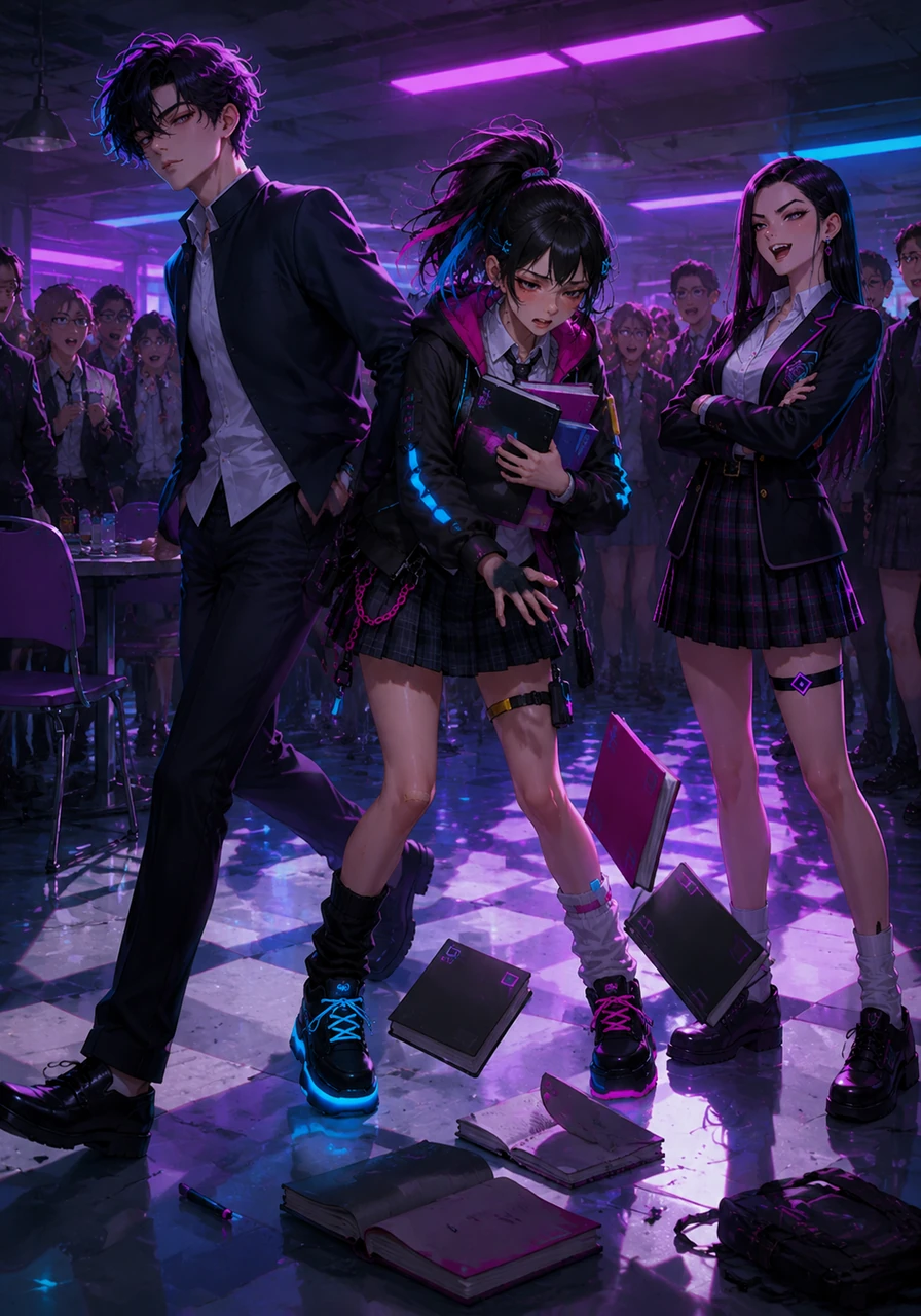In the middle of a crowded cafeteria, Jason purposefully bumps into Shanie, sending her books sprawling across the linoleum floor. Ariana lets out a high-pitched, mocking laugh that draws the attention of everyone nearby, leaving Shanie standing in a spotlight of humiliation.