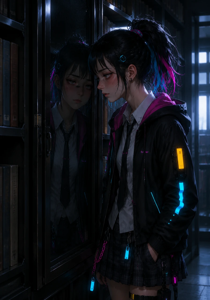 Seeking refuge, Shanie finds a dusty corner of the school library where the scent of old paper and silence offers a brief sanctuary. She looks at her reflection in a glass cabinet, seeing the tired eyes of a girl who has been carrying a heavy secret for far too long.