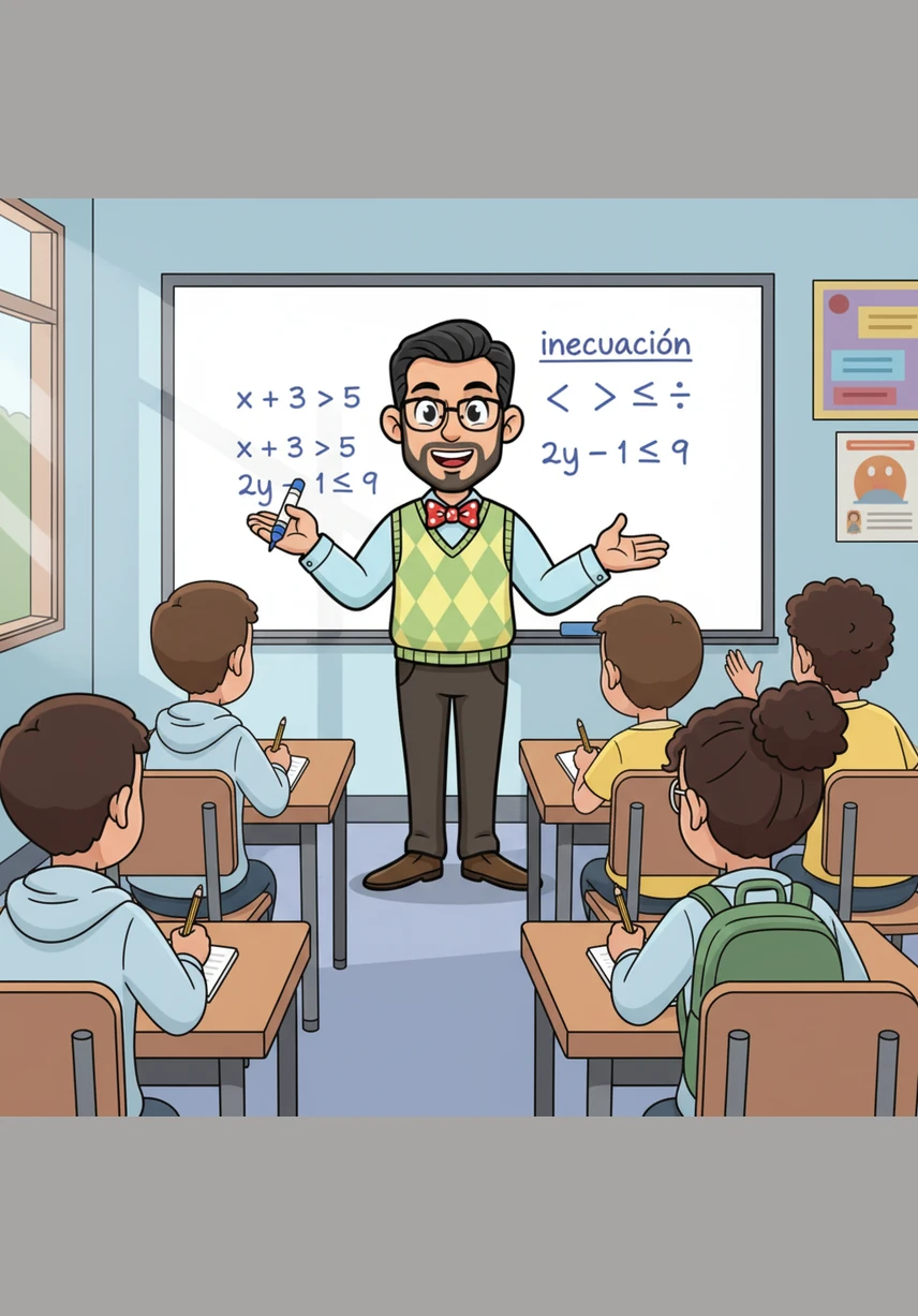 El profesor Caraballo se sitúa frente a una pizarra reluciente, listo para desvelar los misterios de las inecuaciones lineales. Con una sonrisa motivadora, explica que una inecuación es una comparación entre dos expresiones matemáticas unidas por signos de desigualdad.