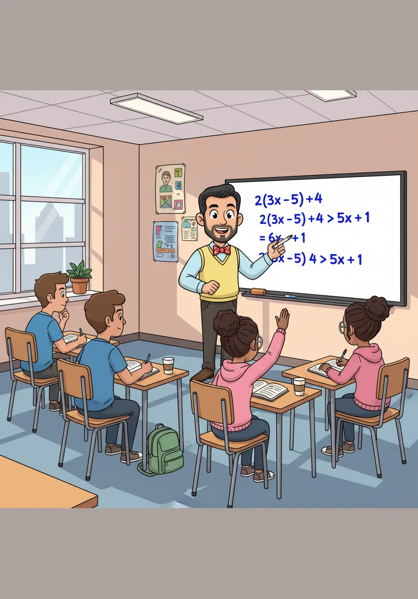 El quinto ejemplo combina varios pasos en la expresión 2x más 4 es mayor o igual a 12. El profesor guía a sus estudiantes primero restando 4 y luego dividiendo por 2, demostrando que la paciencia y el orden llevan a la solución correcta: x es mayor o igual a 4.