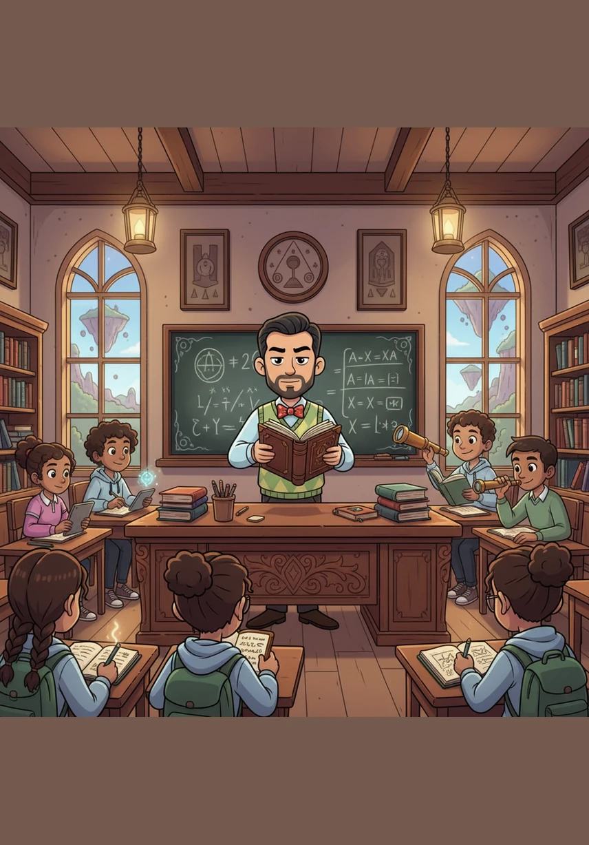 Con la teoría clara, el profesor Caraballo anuncia que es momento de poner a prueba lo aprendido con un desafío especial. Abre un libro antiguo de matemáticas del cual emanan números y signos que se organizan para formar la tarea del día.