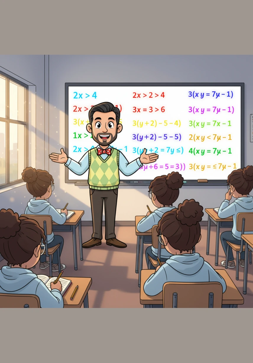 En la pizarra aparecen diez inecuaciones lineales cuidadosamente seleccionadas, desde las más simples hasta retos que requieren varios pasos. Cada ejercicio brilla con un color distinto, invitando a los estudiantes a resolver el rompecabezas numérico.