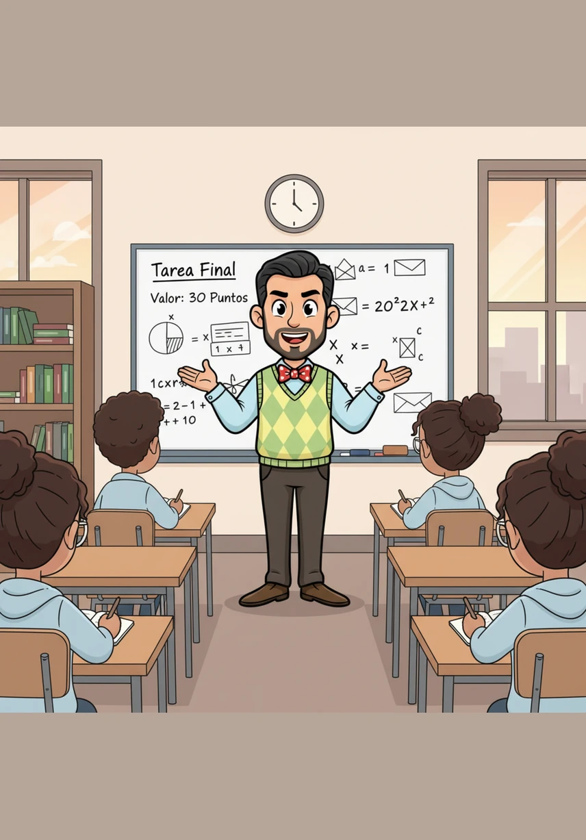 Para finalizar, el profesor Caraballo señala que esta tarea tiene un valor de 30 puntos y anima a todos a dar su mejor esfuerzo. Se despide con un gesto de confianza, dejando la pizarra llena de conocimiento y la promesa de un aprendizaje duradero.