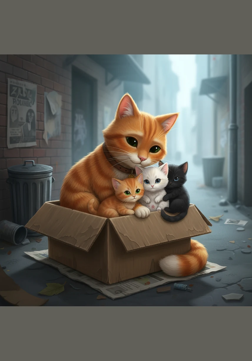 Barnaby, a scruffy but kind-eyed orange tabby, wakes up in a cardboard box tucked away in a quiet alley. His three tiny kittens huddle against him for warmth, their little tummies rumbling in the morning chill. With a gentle nuzzle to each of their heads, Barnaby promises to return with a feast before the sun sets.