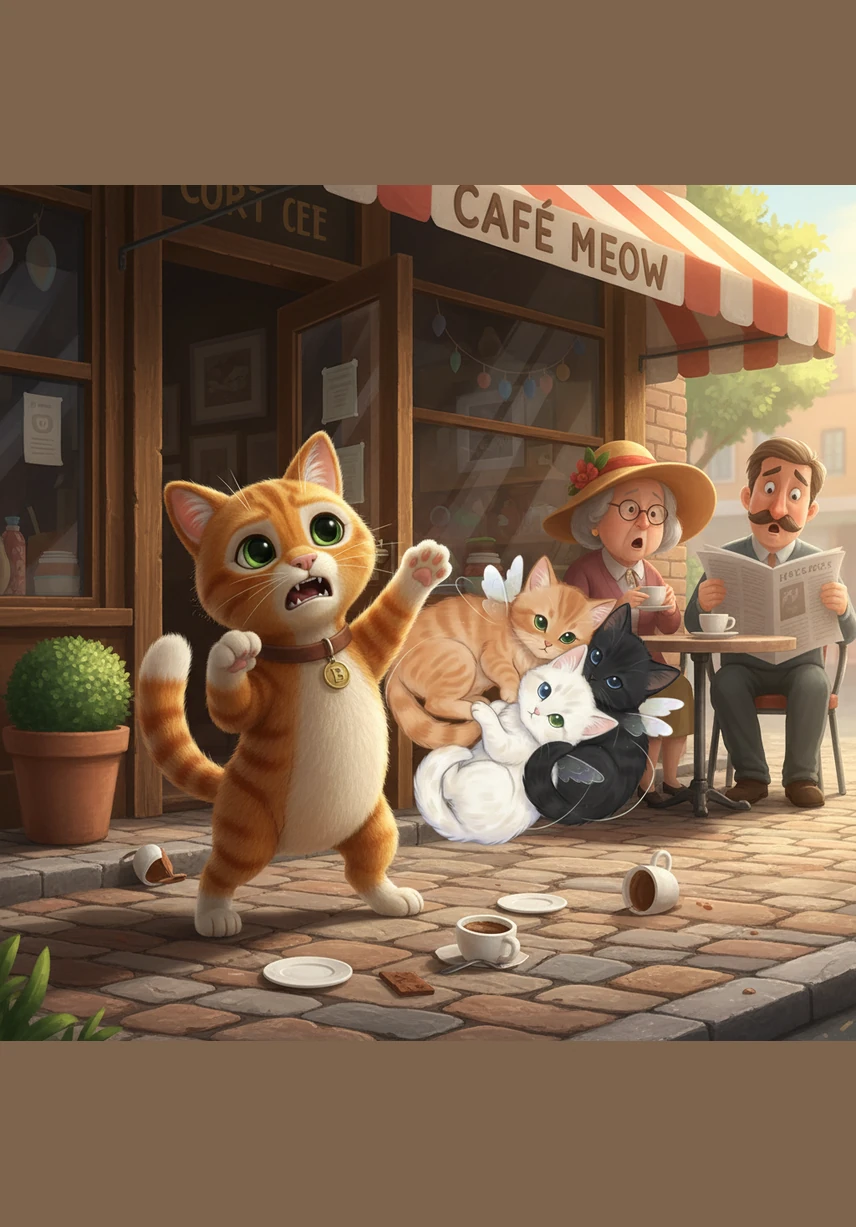 Near a local cafe, Barnaby spots a discarded crust of bread near a trash bin and moves toward it with hope. Suddenly, a large, growling dog barks from the shadows, sending the poor cat scrambling up a nearby lamp post. Heart racing, Barnaby watches the dog take the bread, leaving him with nothing but a tired sigh.