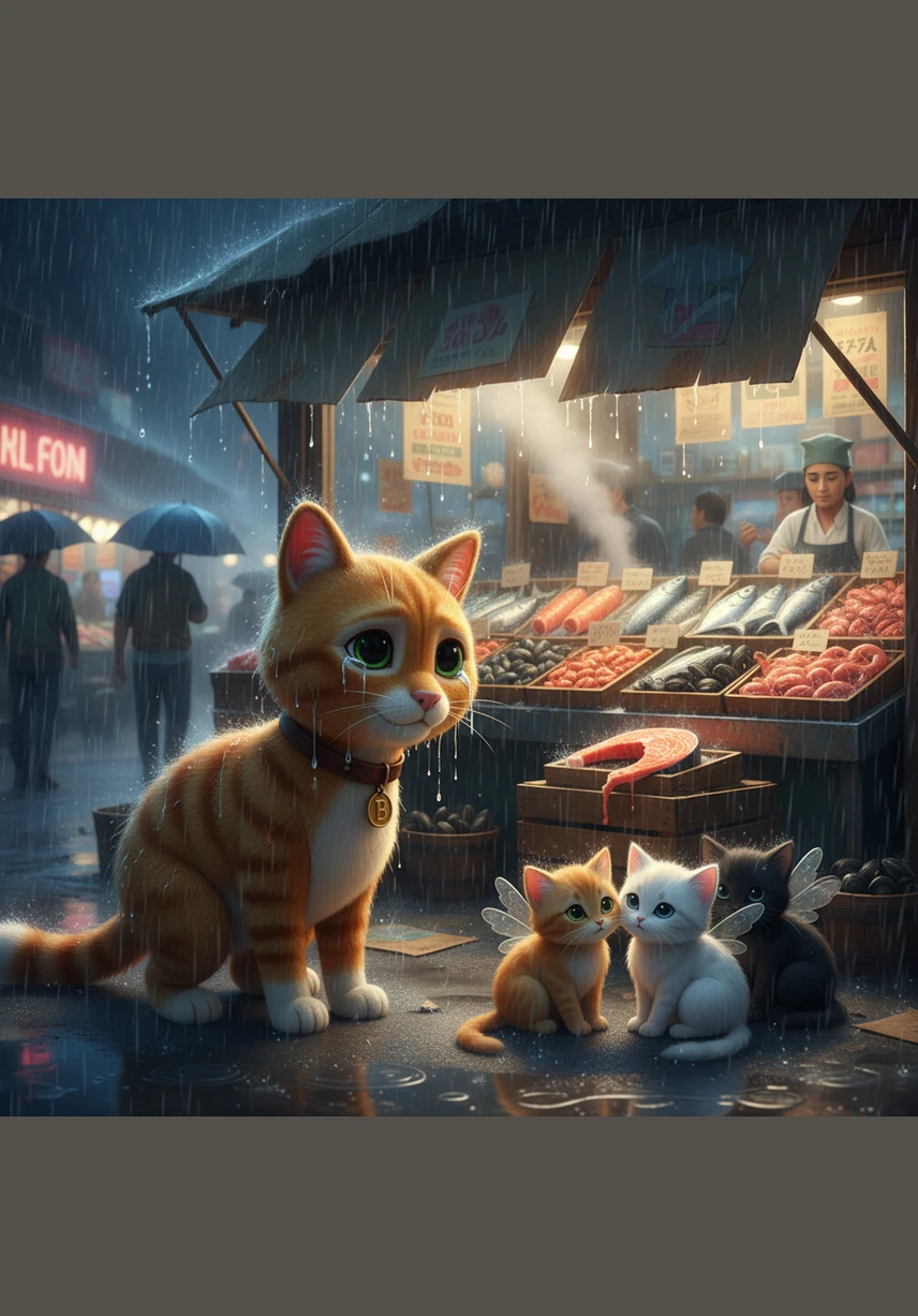 He finds himself outside a bustling fish market, where the smell of fresh tuna makes his mouth water. Barnaby tries to sneak toward a fallen scrap, but a stern shopkeeper waves a broom, shooing him back into the rain. He slinks away into the shadows, feeling smaller and more discouraged than ever before.