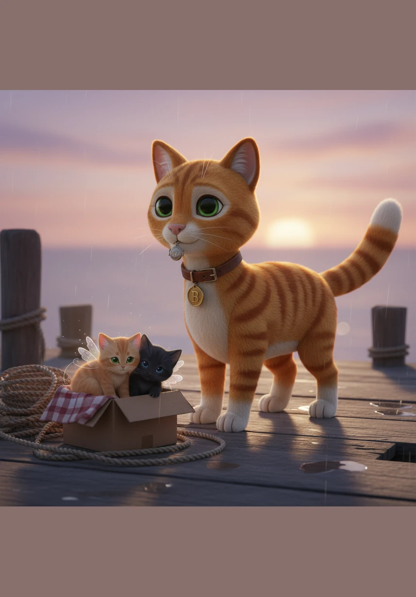 Exhausted and ready to give up, Barnaby stops by the old wooden docks where the waves lap against the pilings. He stares out at the gray water, his spirit nearly broken by the day's failures. Just then, he spots a small, shimmering fish trapped in a piece of discarded netting left behind by a fisherman.