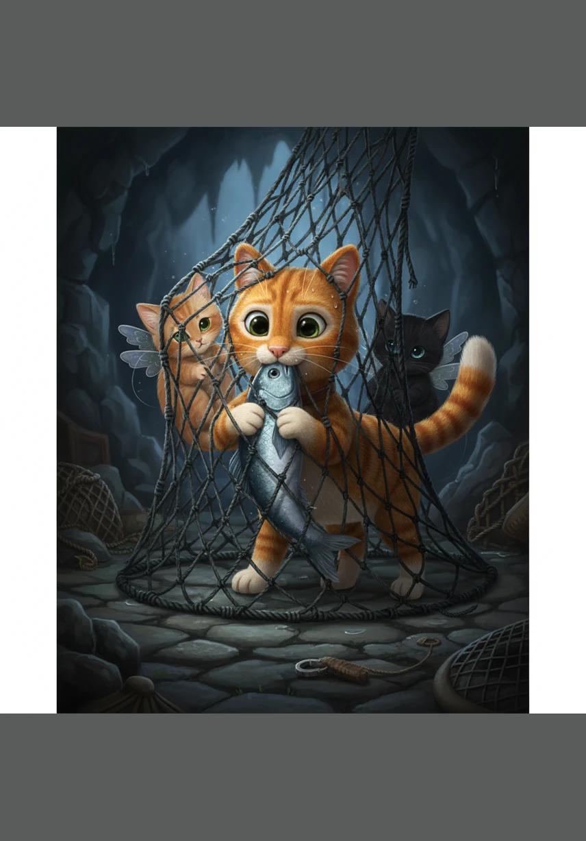 Using every ounce of his remaining strength, Barnaby tugs and claws at the heavy netting to free the prize. His claws ache and his muscles protest, but the memory of his kittens' hungry cries pushes him forward. With one final, mighty heave, he pulls the fish free and grips it firmly in his jaws.