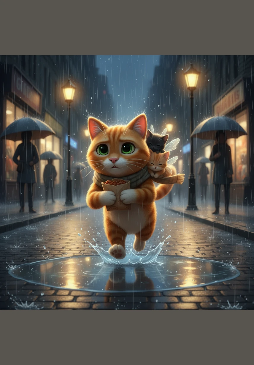 Barnaby races back through the city, his tired legs moving faster than they have all day. He leaps over puddles and dodges through the legs of pedestrians, clutching the precious meal tightly. The rain doesn't feel so cold anymore now that he has exactly what his family needs.
