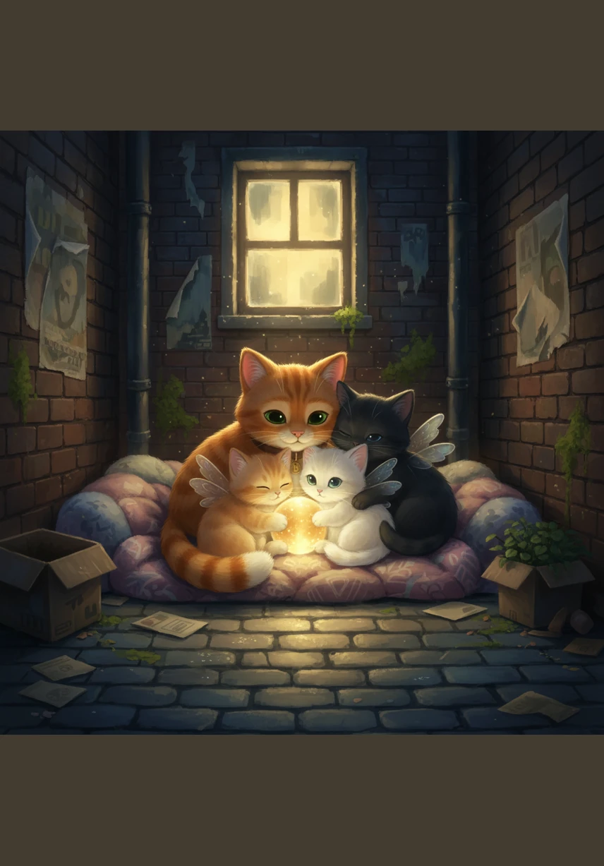As night falls, the rain stops and a soft moonbeam illuminates the quiet alleyway. The kittens fall into a deep, peaceful sleep with full bellies, tucked safely under their father’s protective paws. Barnaby purrs softly, knowing that despite the long struggle, his love has kept his family whole and happy.