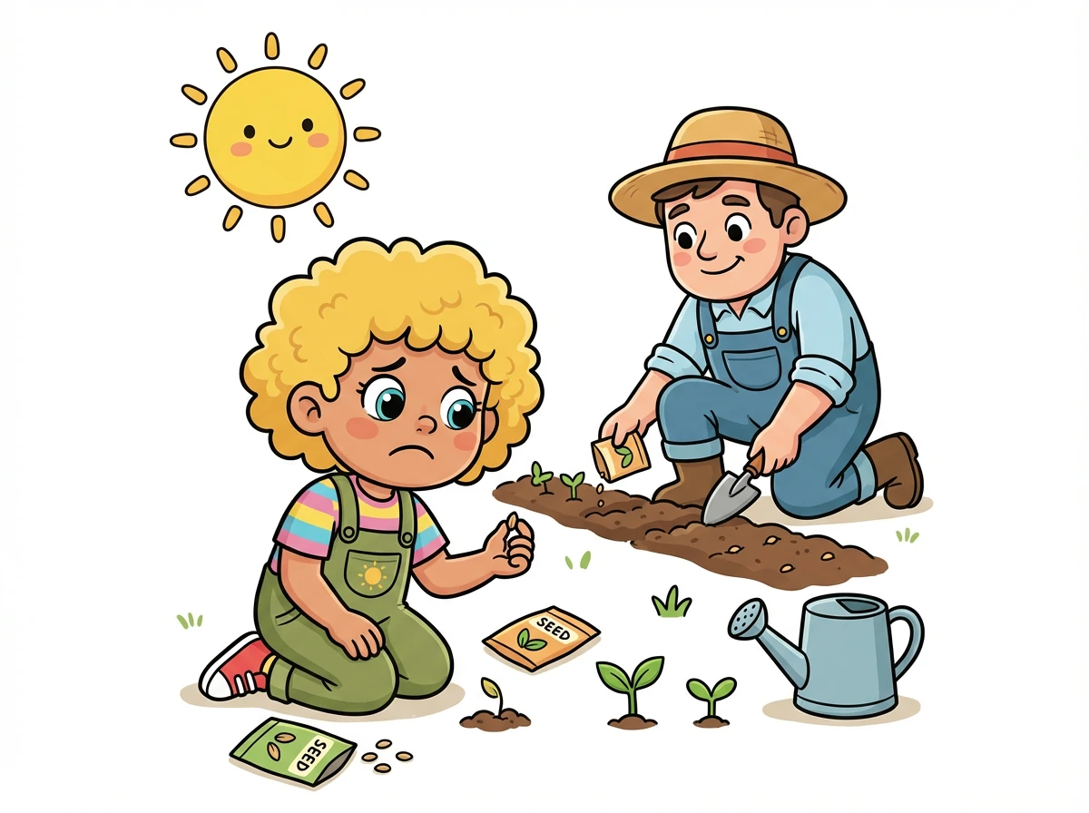 One sunny morning, the gardener planted all the seeds. Sunny worried, 'I'm too small to grow into anything beautiful!'