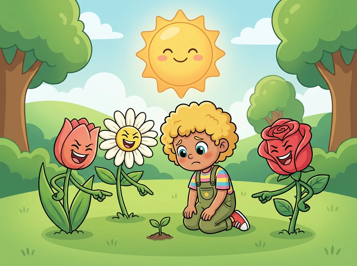 The sun shone brightly, warming Sunny’s sprout. Other plants laughed, 'Look at the tiny sprout! It will never become a flower.'