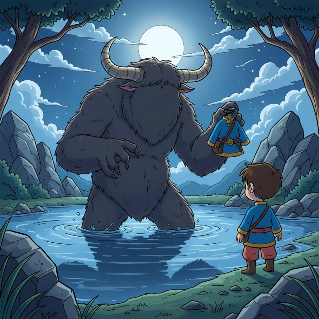 As Kaveh submerged himself, a colossal creature emerged from the depths. It towered over him, its hairy body and large horns illuminated by the moonlight. The creature snatched Kaveh's clothes, its deep voice echoing through the night, challenging him to a wrestling match.