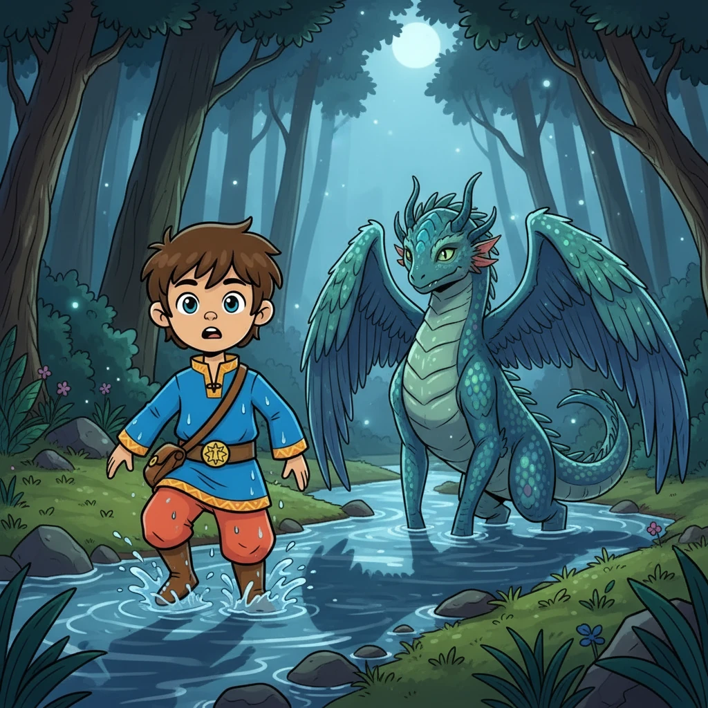 Surprised but resolute, Kaveh accepted the challenge. He stepped out of the river, muscles tensing, ready to face the unknown. The creature declared that if Kaveh could defeat it three times, he could have anything he desired, along with his clothes.