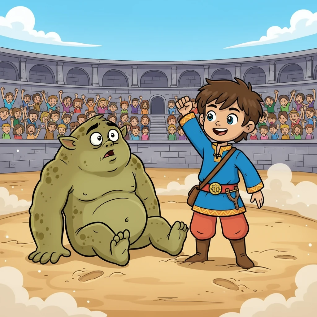 The wrestling match commenced. To everyone's astonishment, Kaveh, using his wit and determination, won the first round! The creature was stunned, realizing it had underestimated the strength of the human.