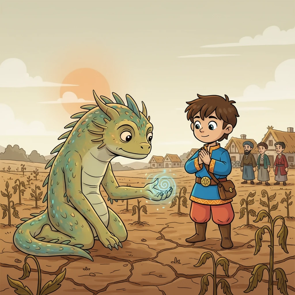 The creature, bewildered by its defeat, immediately offered Kaveh a wish. Kaveh, thinking of his village, which was facing a terrible drought, asked for help. He explained that their crops were failing, and the villagers were suffering.