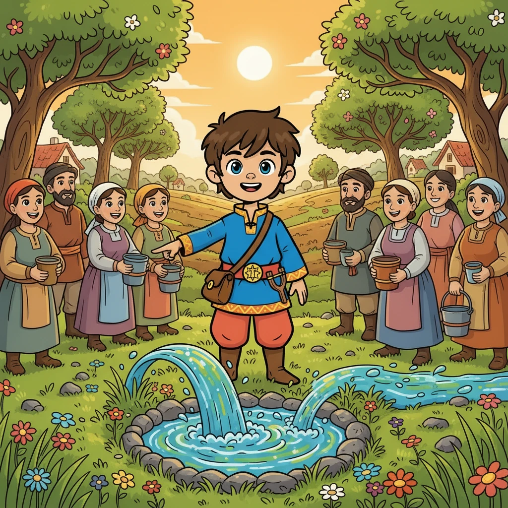 The creature, touched by Kaveh's selfless request, agreed to help. The next morning, a magical spring began to flow, bringing life and prosperity back to the village. Kaveh's bravery and kindness had saved his people, proving that true strength lies in helping others.