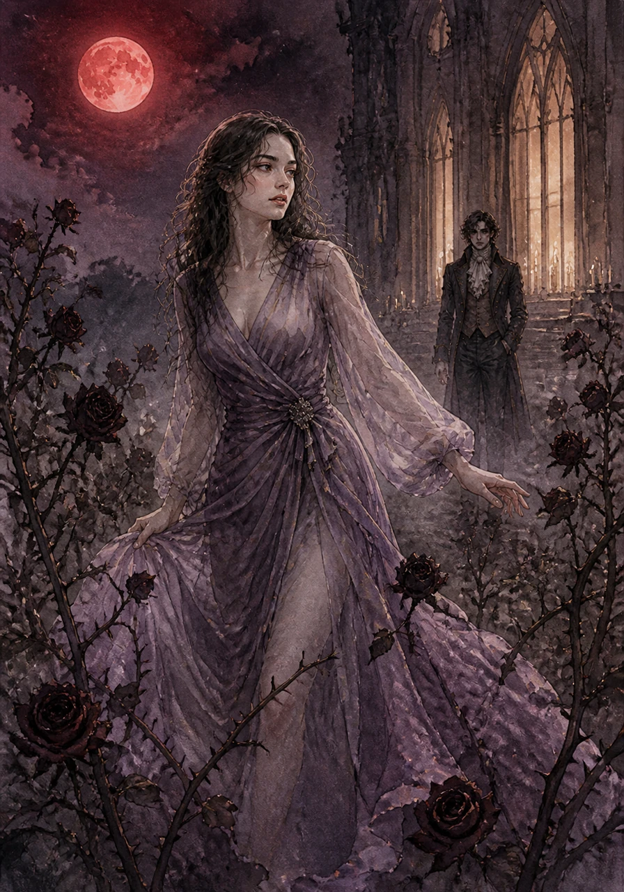 Under the glow of a crimson moon, she wandered through the skeletal remains of a rose garden. Thorns caught at her silk dress, but she felt drawn toward the flickering candlelight emanating from the high, arched windows.