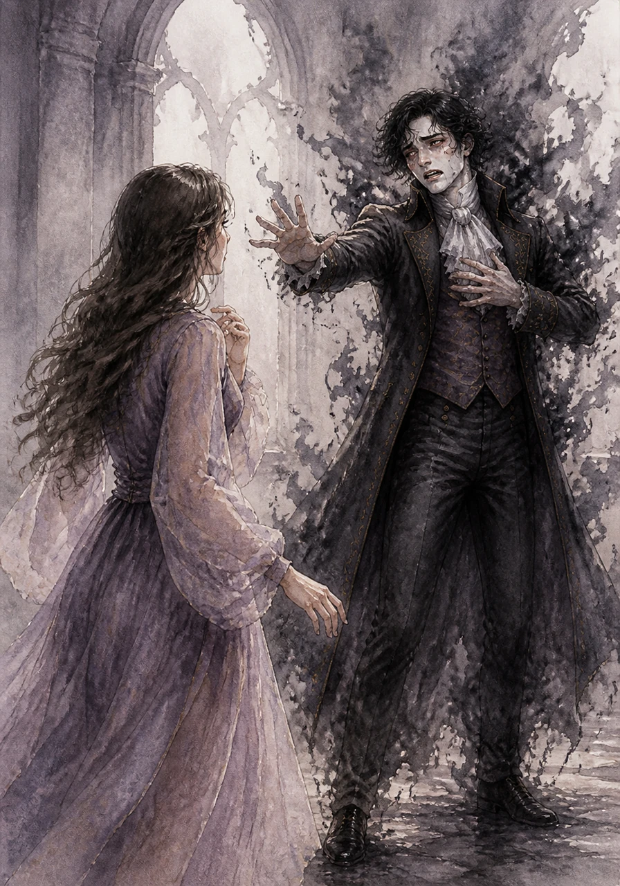 Julian pulled back, his face contorting as shadows bled from his skin like ink in water. He whispered a desperate warning for her to flee before the darkness within him consumed everything she held dear.