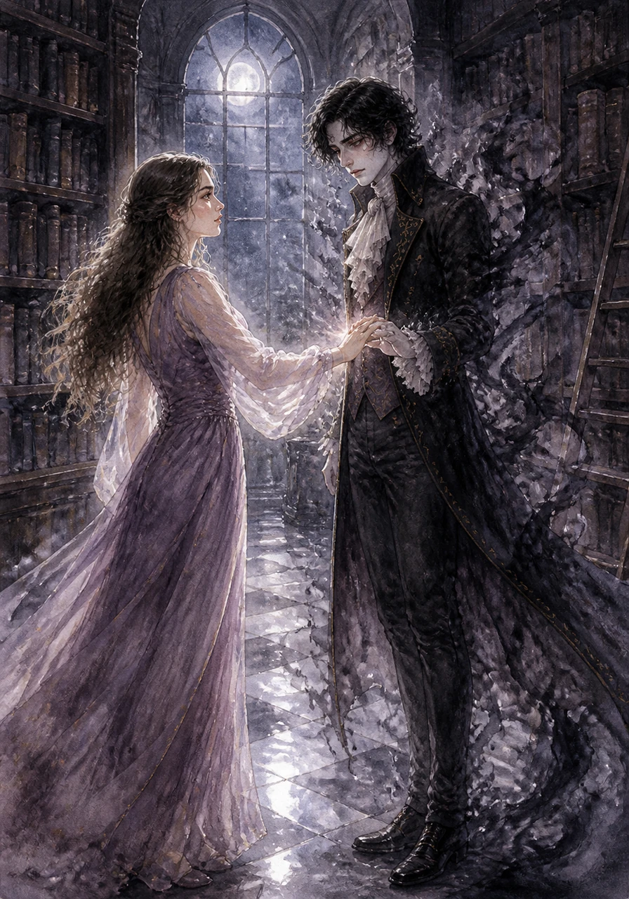 She found him in the moonlit library, where the weight of his loneliness felt tangible in the air. As she reached out to touch his cold hand, the shadows recoiled, momentarily subdued by her unwavering presence.